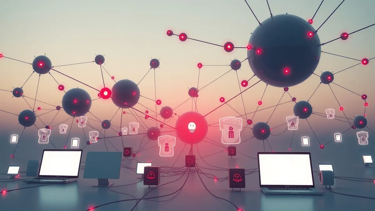 Illustration: A complex network of glowing nodes pulses with erratic red signals as automated agents traverse digital pathways.