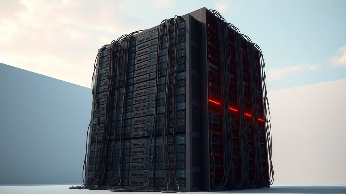 Illustration: A towering stack of black server blades sits in an empty room.