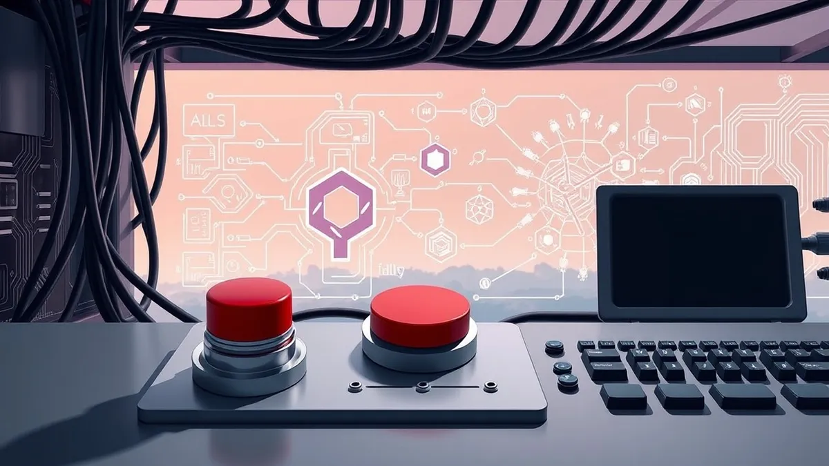 Illustration: A large red emergency stop button sits prominently on a sleek industrial control panel.