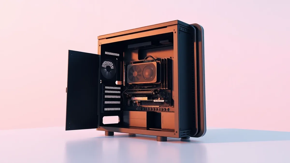 Illustration: A small, sleek black desktop tower sits on a clean white surface, its side panel removed to reveal an empty interior.