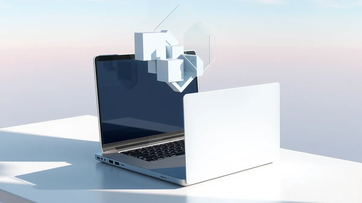 Illustration: A sleek silver laptop sits open on a clean white desk, its lid slightly ajar to reveal the interior architecture.