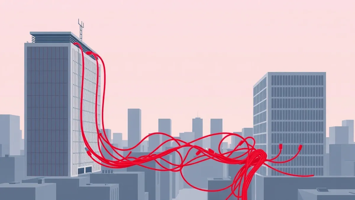 Illustration: Two sleek office buildings sit side by side in a gray urban landscape.