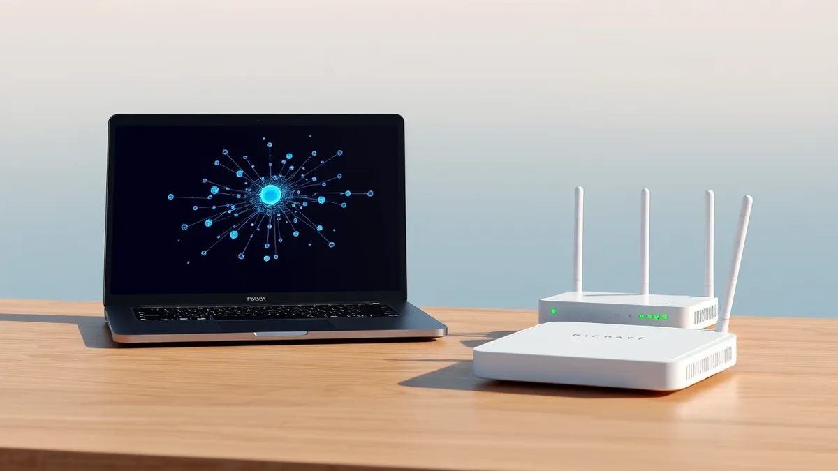 Illustration: A sleek black laptop sits open on a wooden desk, its screen displaying a complex network of abstract blue nodes and connecting lines.