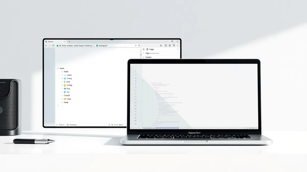 Illustration: A laptop computer sits on a clean white desk with its screen displaying a blank code editor interface.