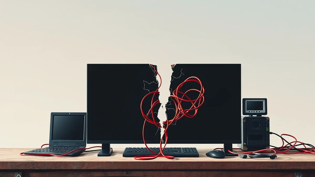 Illustration: A sleek black network firewall sits on a dusty desk, its surface cracked down the middle like shattered glass.