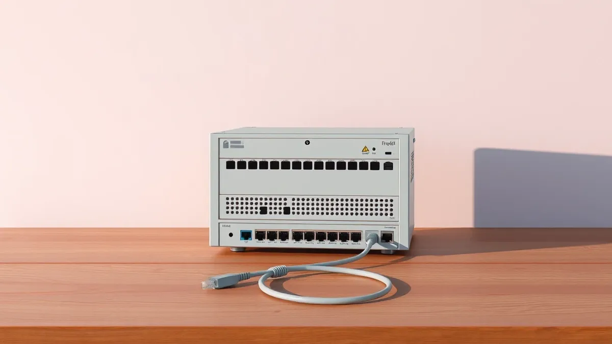 Illustration: A bulky network firewall appliance sits isolated on a wooden desk, disconnected from all cables.
