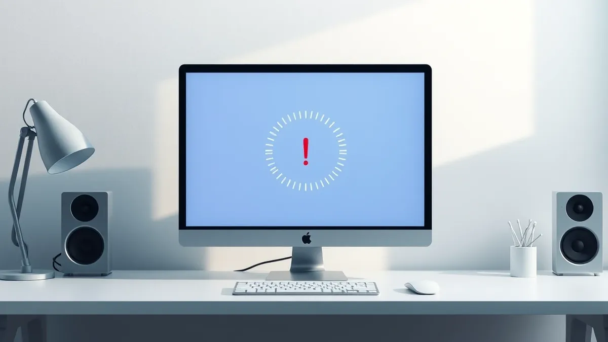 Illustration: A generic desktop computer monitor sits on a clean white desk, its screen filled with a bright blue background.