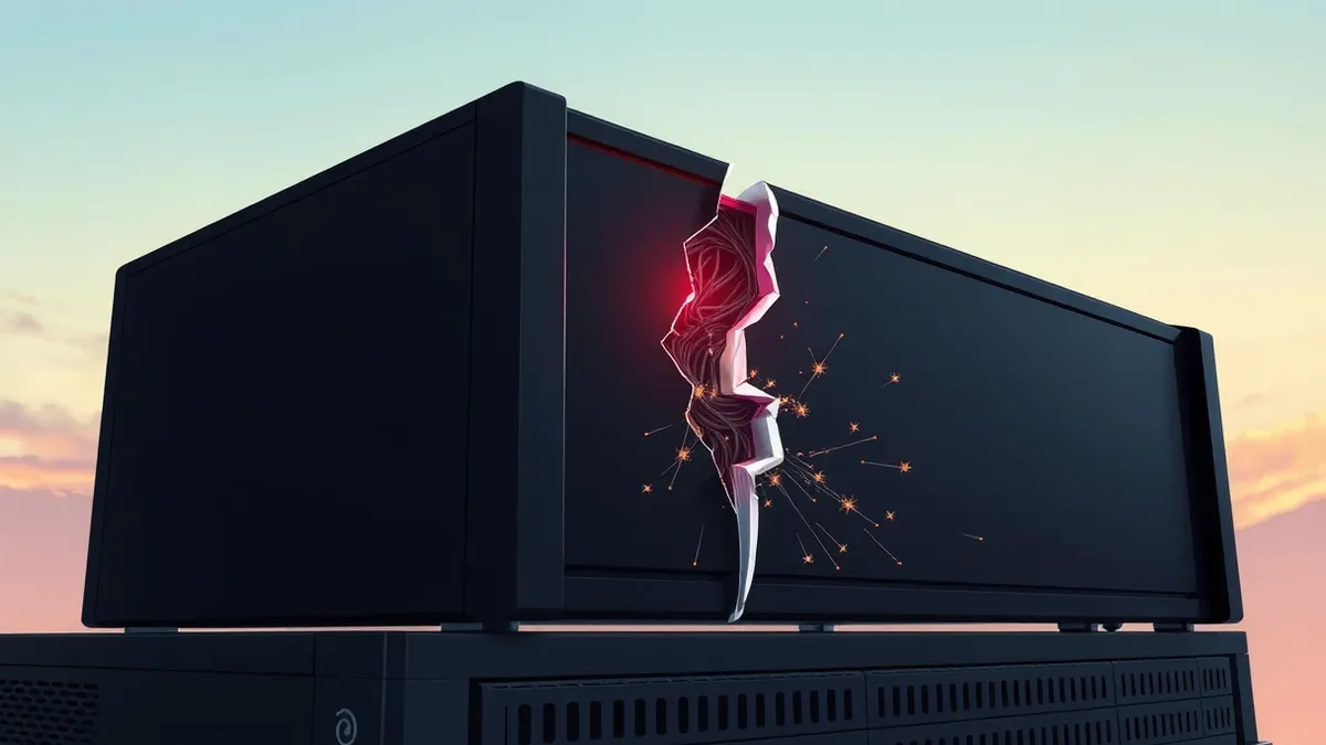 Illustration: A sleek black network appliance sits on a server shelf, its front panel displaying a single, stark red warning light.