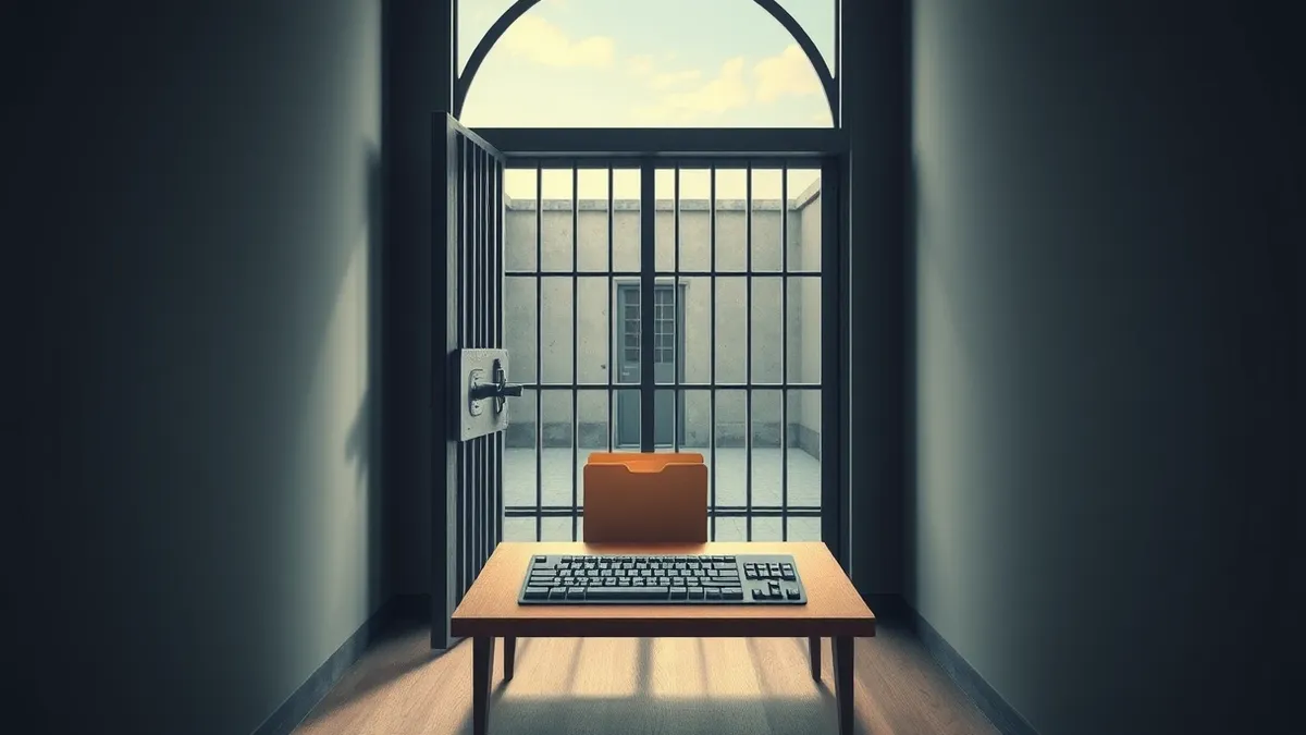 Illustration: A heavy iron cell door slams shut on a dim corridor.