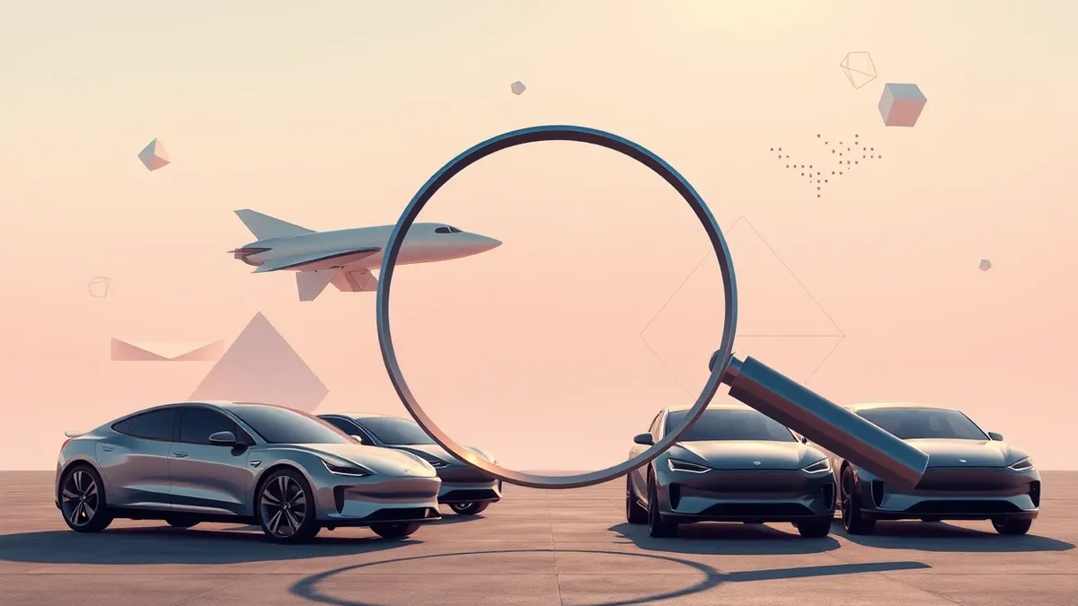 Illustration: Two sleek white rocket ships hover above a row of shiny electric vehicles.