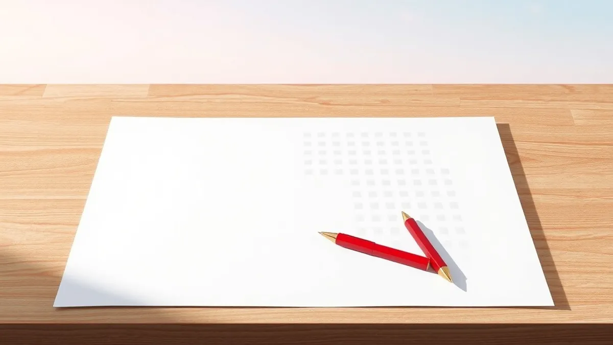 Illustration: A blank white sheet of paper rests on a wooden desk, its surface marked by faint, repeating geometric patterns that shimmer like heat haze.