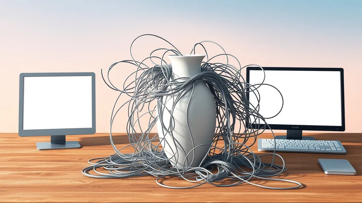 Illustration: A white ceramic vase sits on a wooden desk, spilling chaotic, tangled gray wires onto the surface.