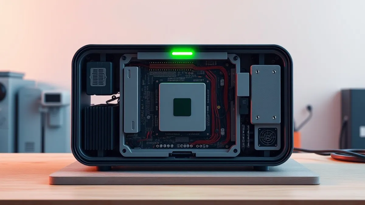 Illustration: A sleek smart home hub sits on a workbench, its smooth casing open to reveal intricate circuitry.