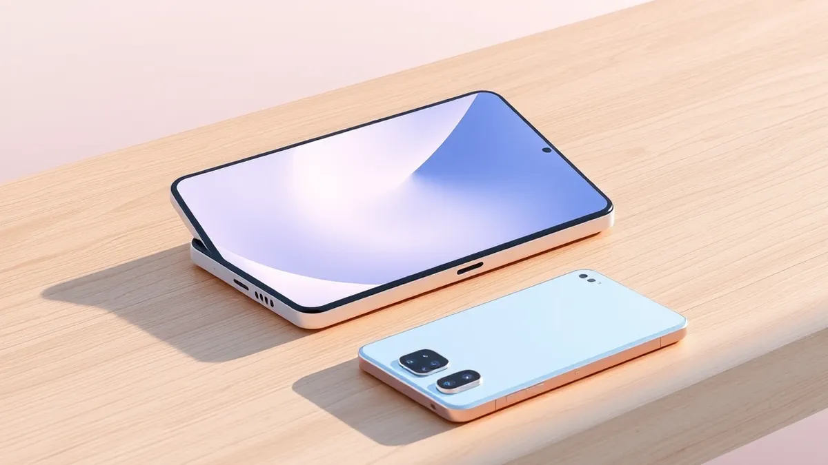 Illustration: A sleek white foldable smartphone lies half-open on a smooth wooden table, its hinge mechanism visible and screen displaying soft abstract gradients.