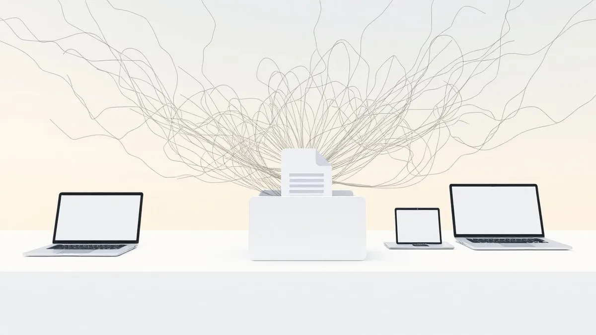 Illustration: A tangled web of digital threads pulls a file icon out of its designated folder.