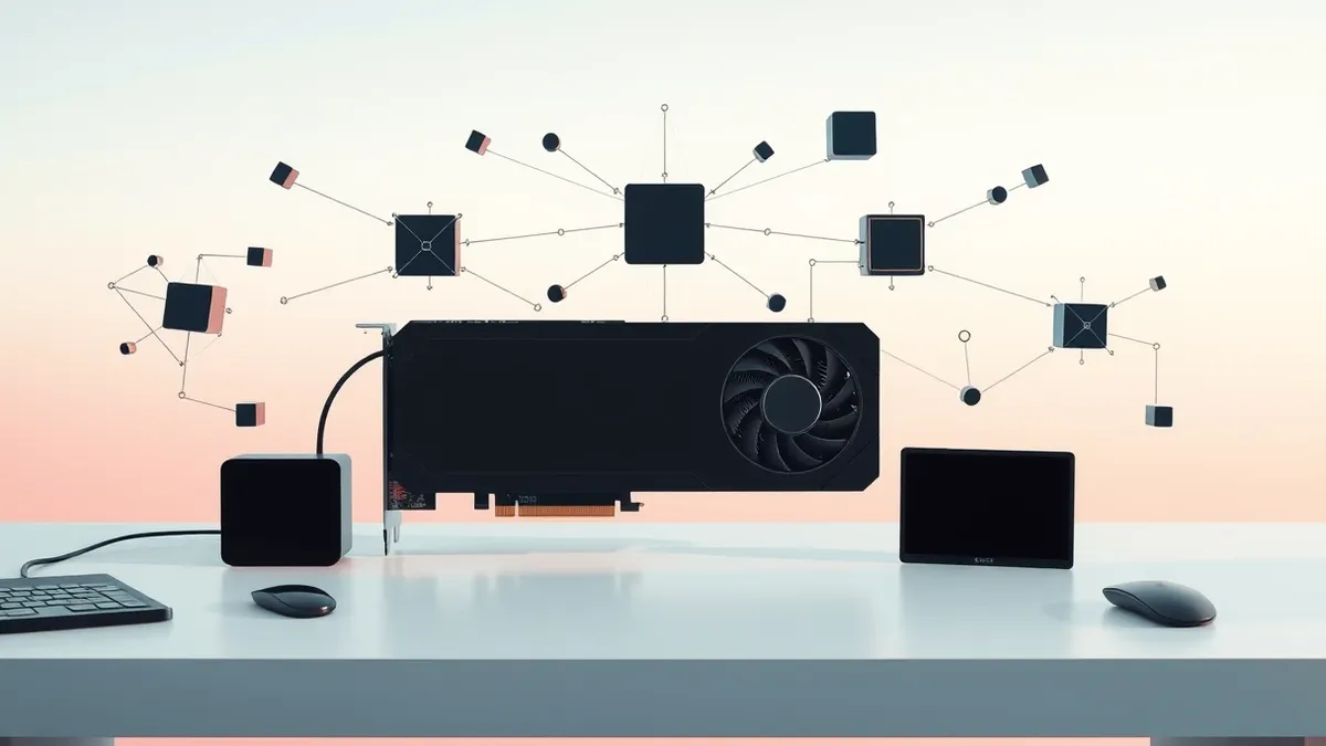 Illustration: A sleek black graphics card sits on a clean white desk.