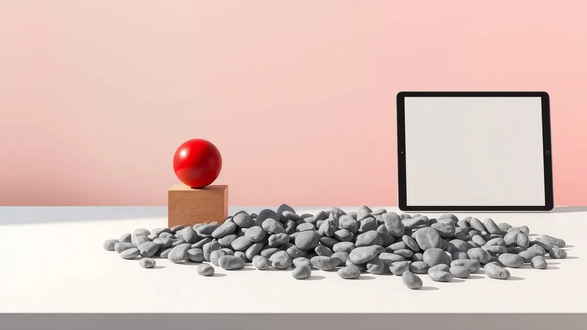 Illustration: A flat table surface holds a single, smooth red sphere next to a scattered pile of grey pebbles.