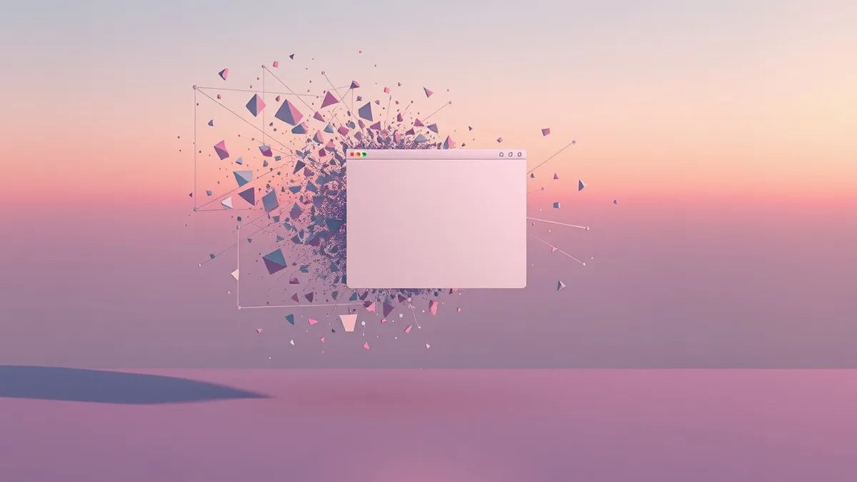 Illustration: A single browser window floats in midair, its frame dissolving into swirling streams of abstract geometric shapes.