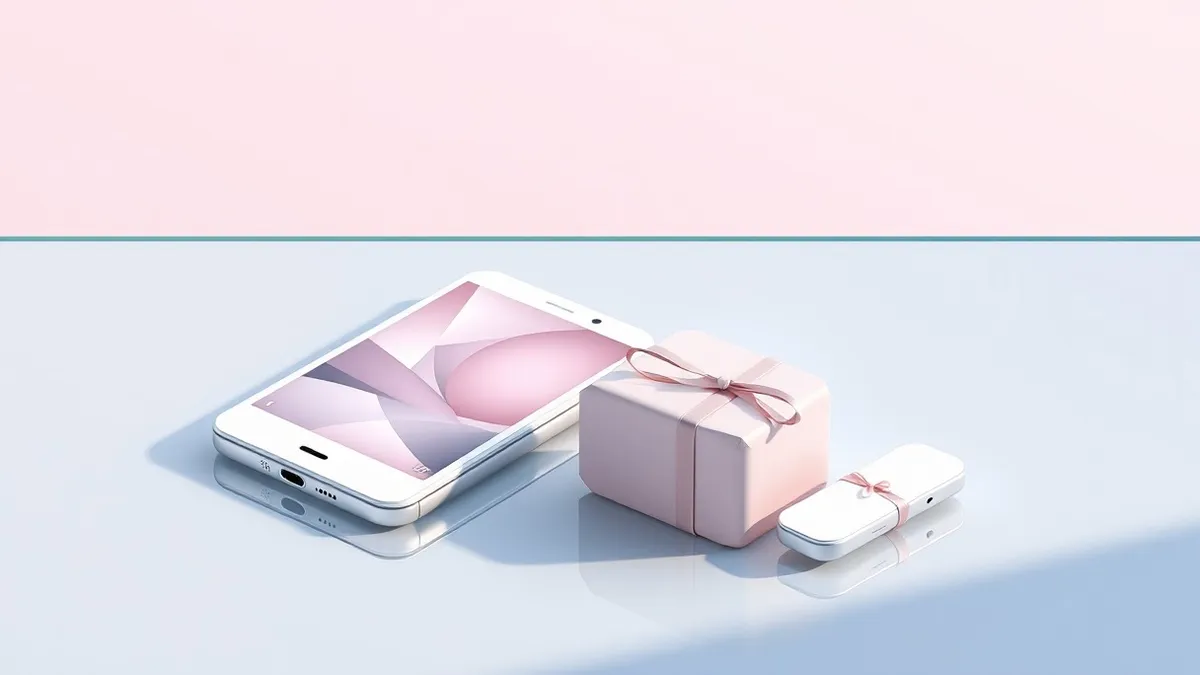 Illustration: A sleek white smartphone rests on a polished glass counter, its screen glowing with soft abstract shapes.