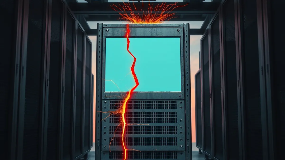 Illustration: A weathered gray server tower sits in a dim rack, its front panel dominated by a single blank screen.