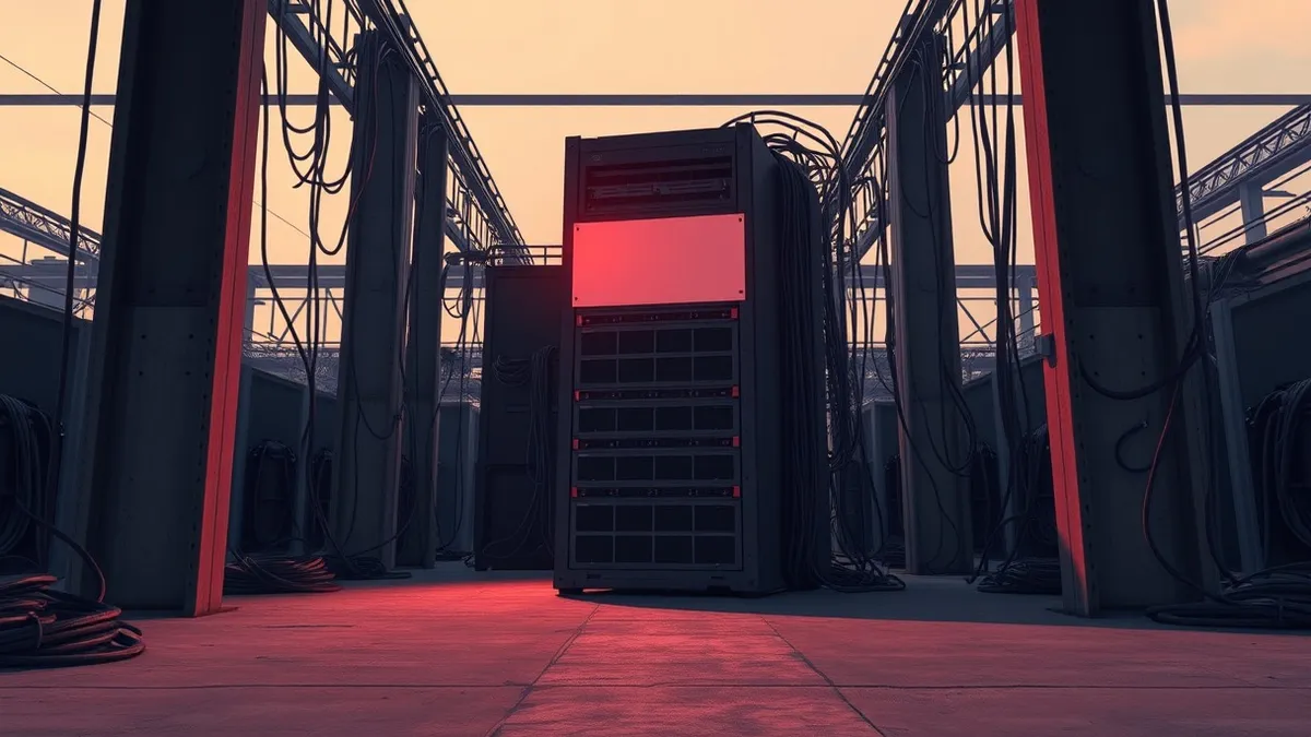 Illustration: A stack of heavy iron server racks sits in a dark industrial warehouse, surrounded by tangled black power cables and concrete dust.