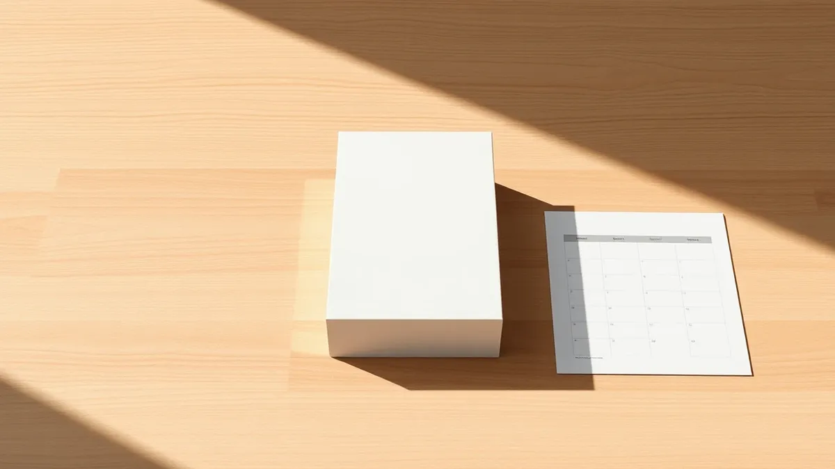 Illustration: A sleek white smartphone box sits alone on a polished wooden table.