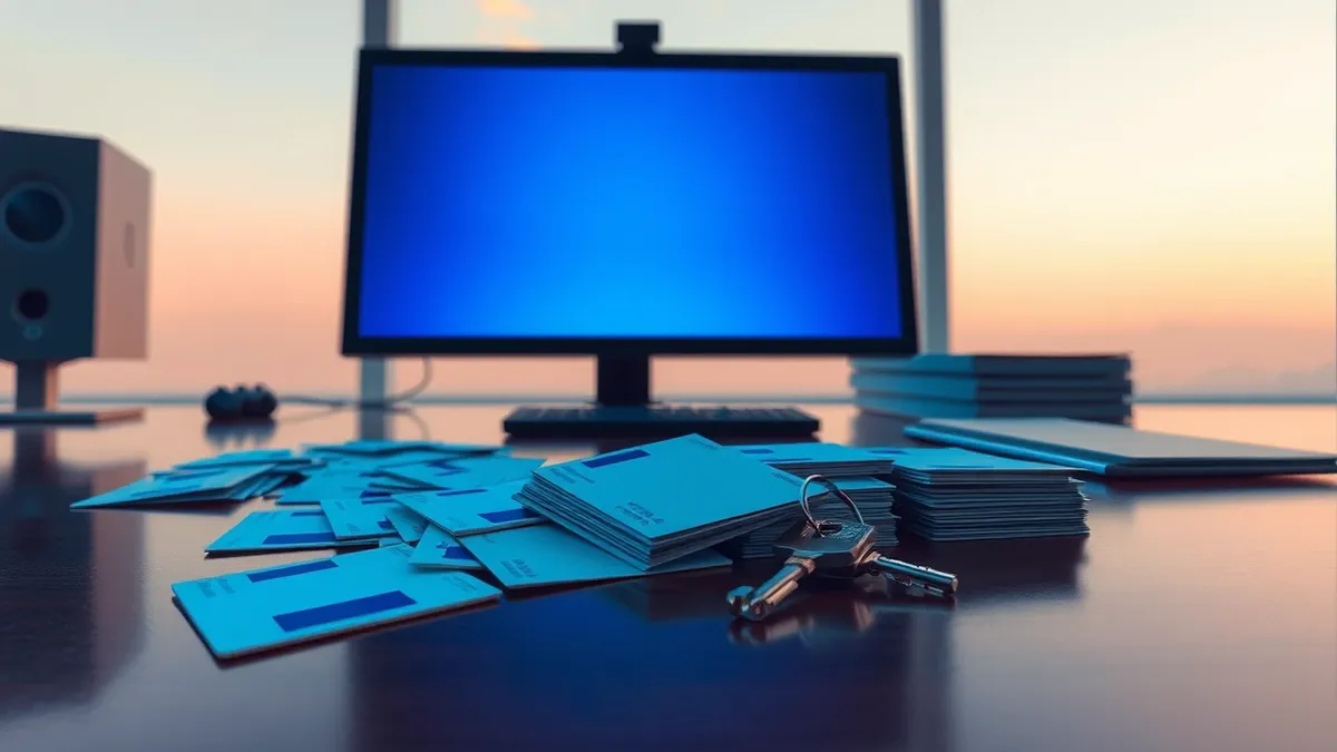 Illustration: A stack of blank plastic identification cards lies scattered on a polished office desk, illuminated by the cold blue glow of a darkened computer monitor.