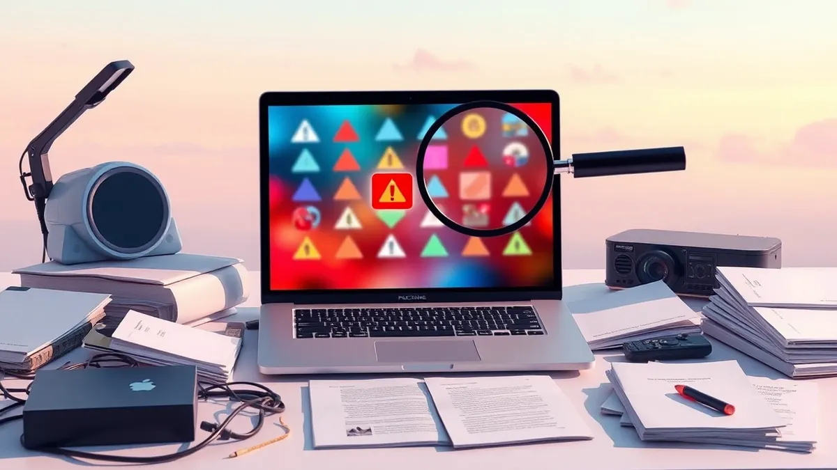 Illustration: A single sleek laptop sits on a cluttered desk, its screen displaying a grid of colorful abstract warning icons.