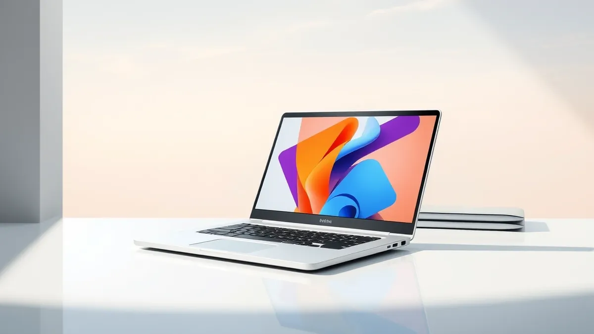 Illustration: A sleek silver laptop sits open on a polished desk.