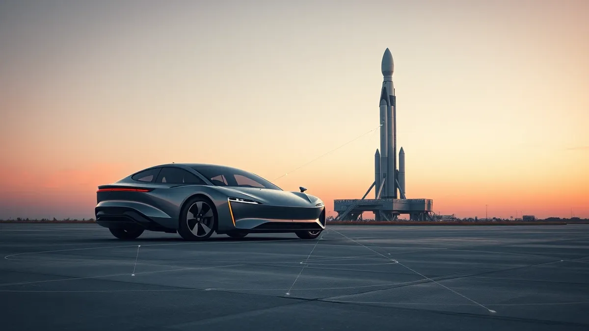 Illustration: A sleek electric sedan and a tall orbital rocket stand side by side on a concrete launch pad, their polished surfaces reflecting the twilight sky.