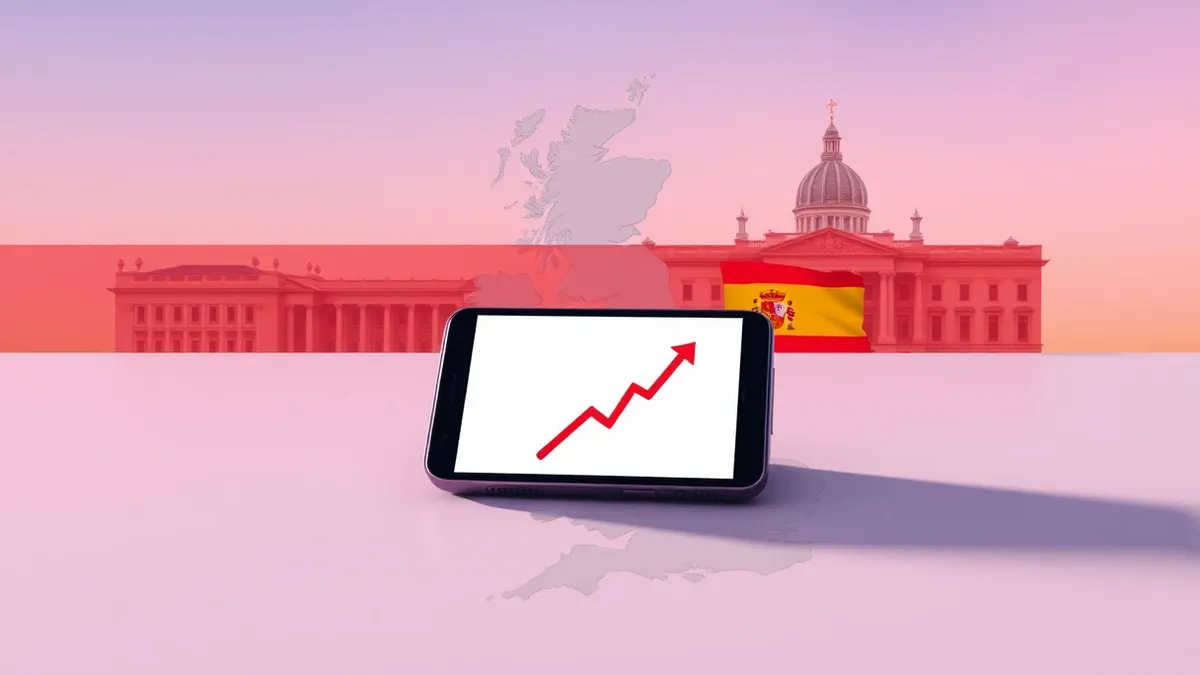 Illustration: A smartphone displays a blank digital identity card interface, resting on a map of the United Kingdom with a rising arrow graphic.