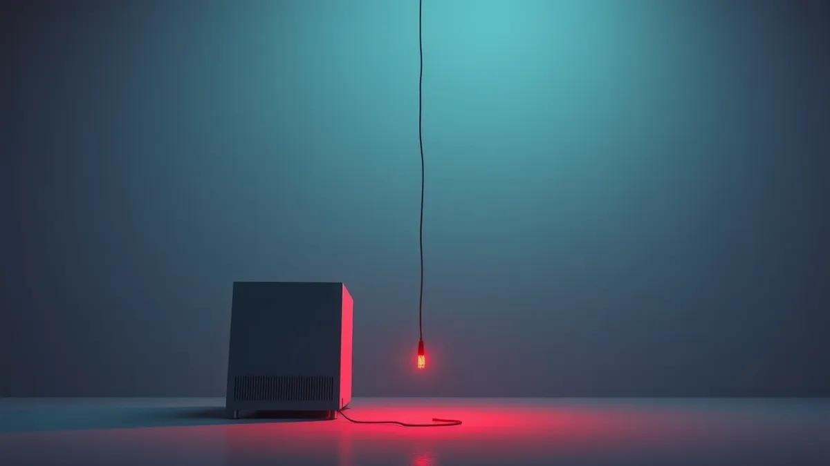 Illustration: A generic enterprise server sits in a dim room while an open, unsecured network cable dangles from its back port, trailing toward a dark, shadowy void where a faint, 