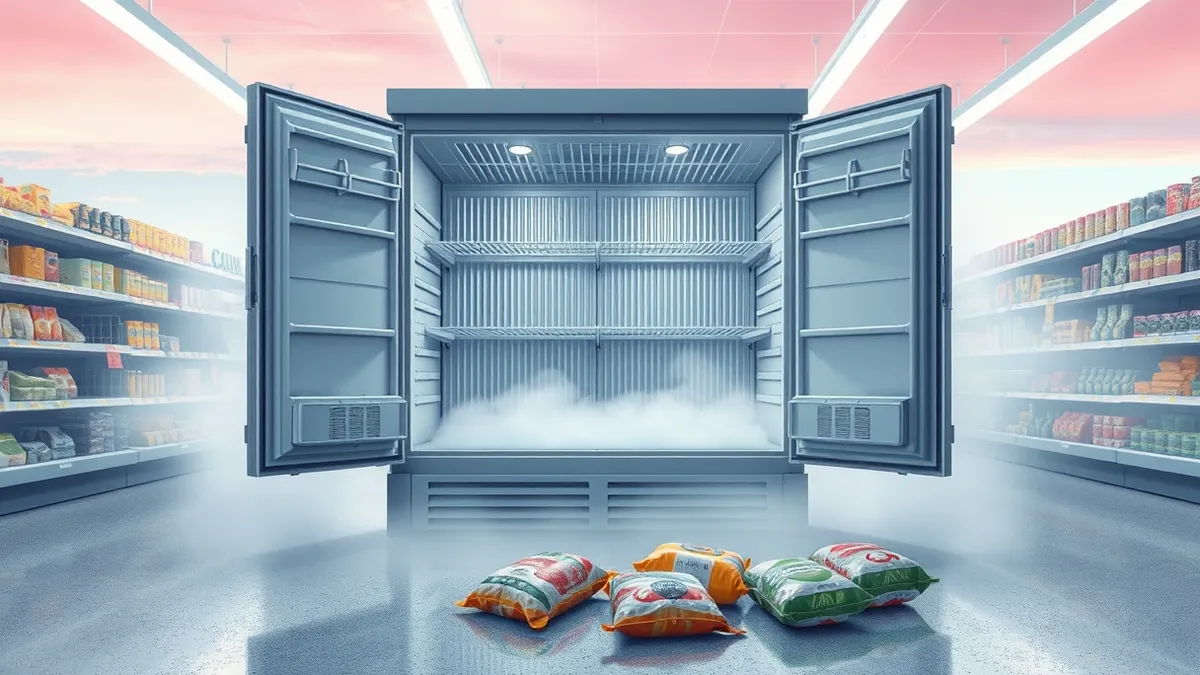 Illustration: A commercial refrigerator unit sits open in a brightly lit grocery aisle, with thick fog pouring onto the floor.