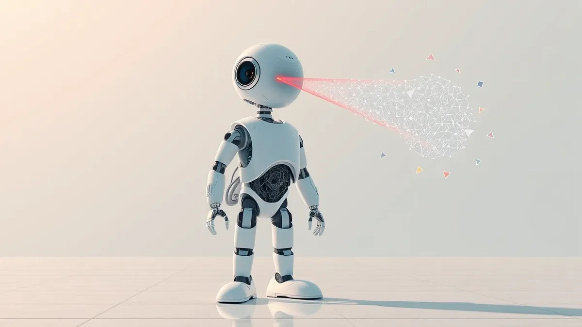 Illustration: A white humanoid companion robot stands on a polished floor, its chest panel open to reveal tangled circuitry.