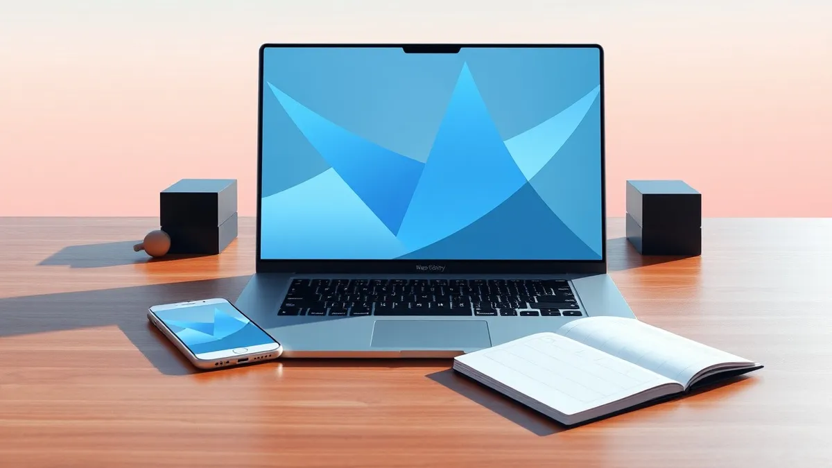 Illustration: A sleek silver laptop sits open on a polished wooden desk next to a minimalist white smartphone.