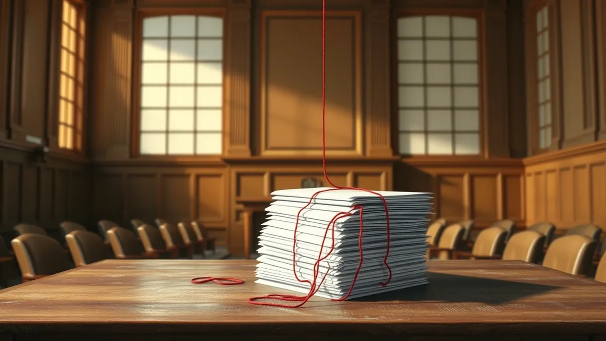 Illustration: A stack of blank white envelopes sits abandoned on a dusty wooden desk inside an empty courtroom, with a single red thread tangled around the pile to suggest a severe