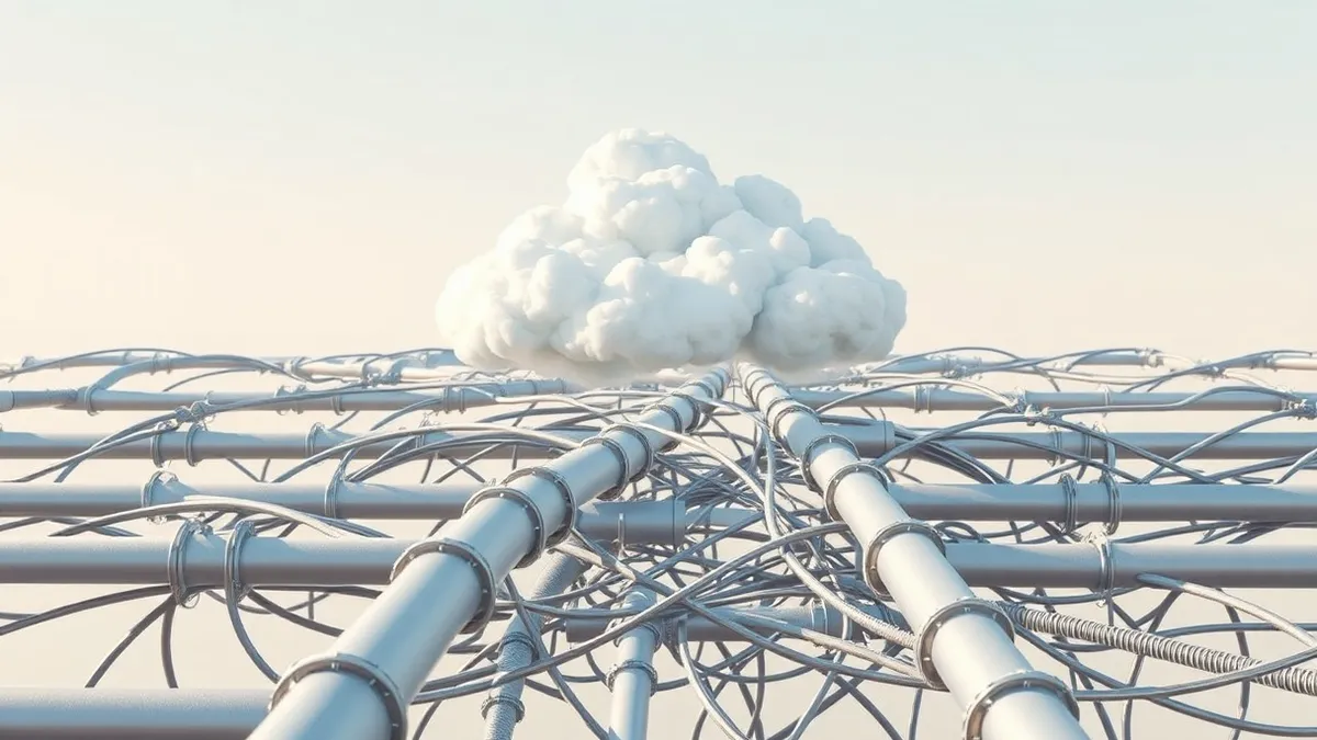 Illustration: A floating cloud icon sits above a tangled web of rigid, metallic pipes.