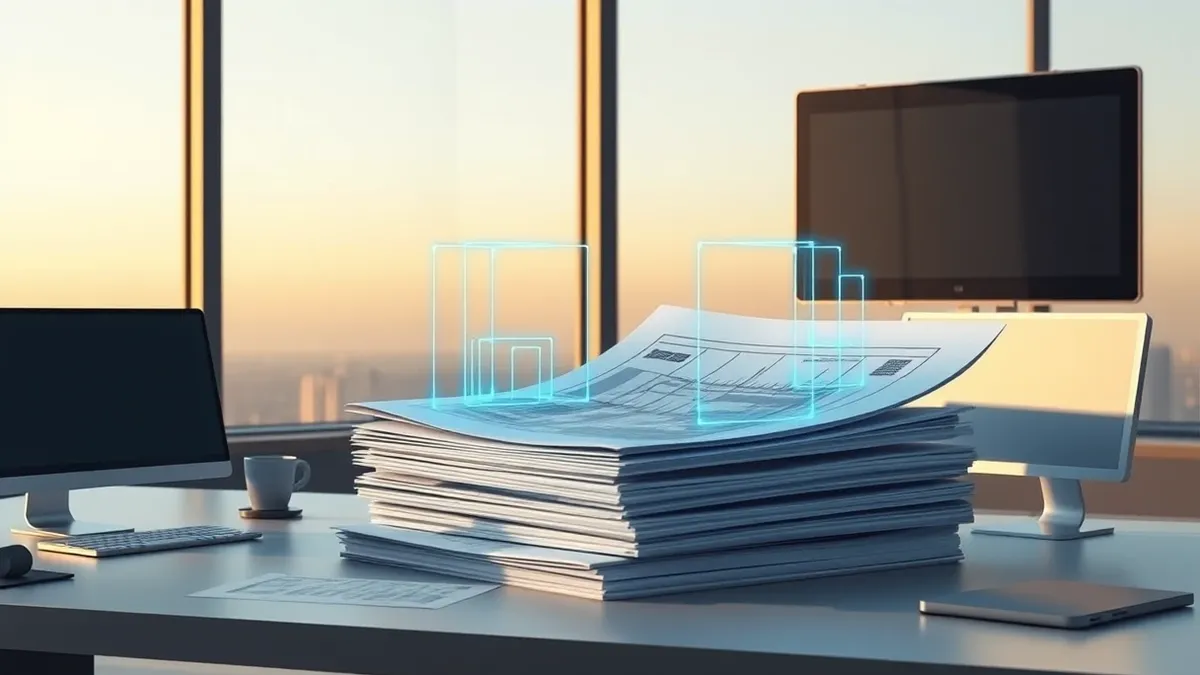 Illustration: A sleek artificial intelligence interface analyzes a stack of blank architectural blueprints and financial documents on a modern office desk.
