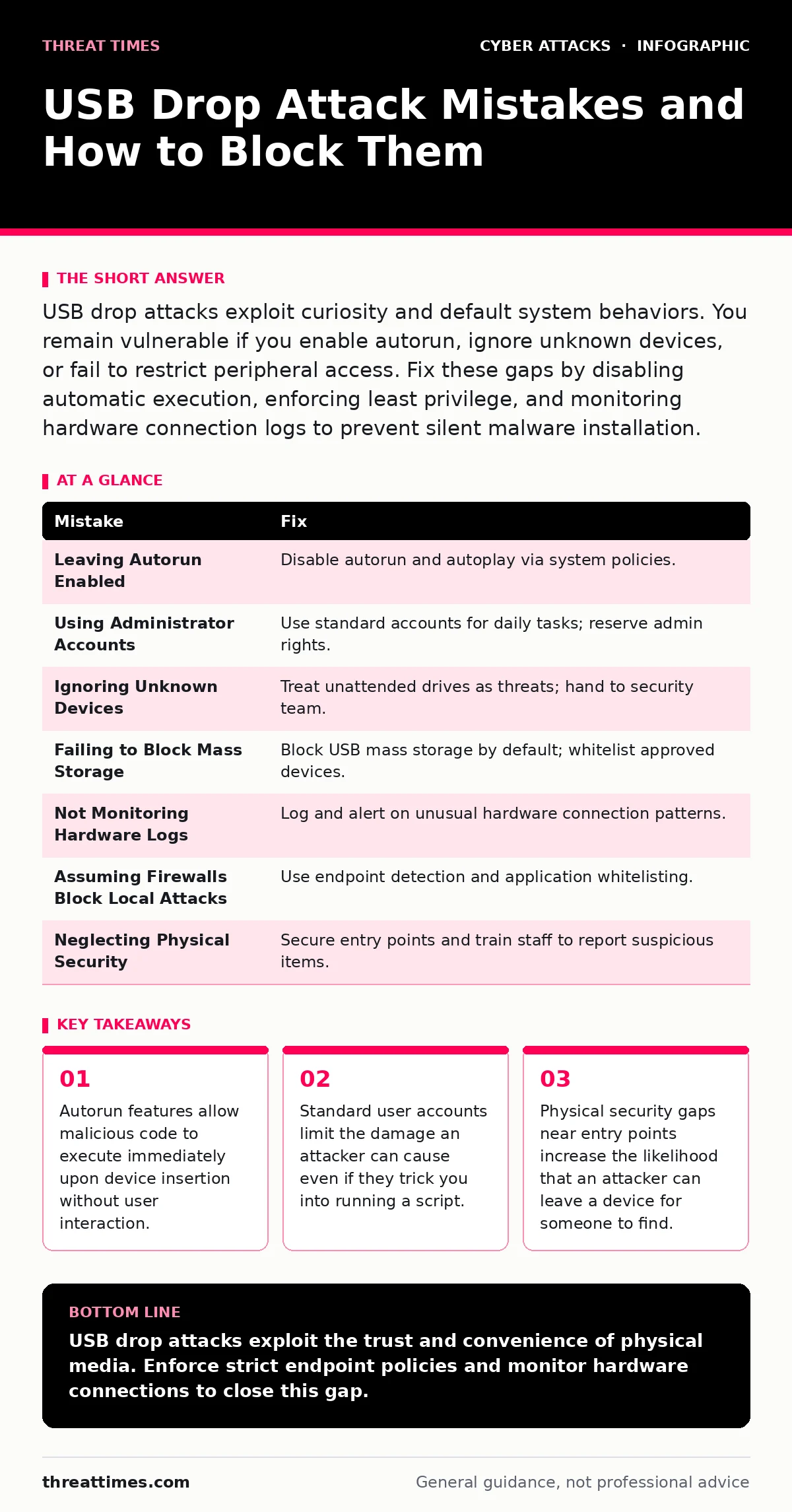 Infographic: USB Drop Attack Mistakes and How to Block Them. Autorun features allow malicious code to execute immediately upon device insertion without user interaction. Standard user accounts limit the damage an attacker can cause even if they trick you into running a script. Physical security gaps