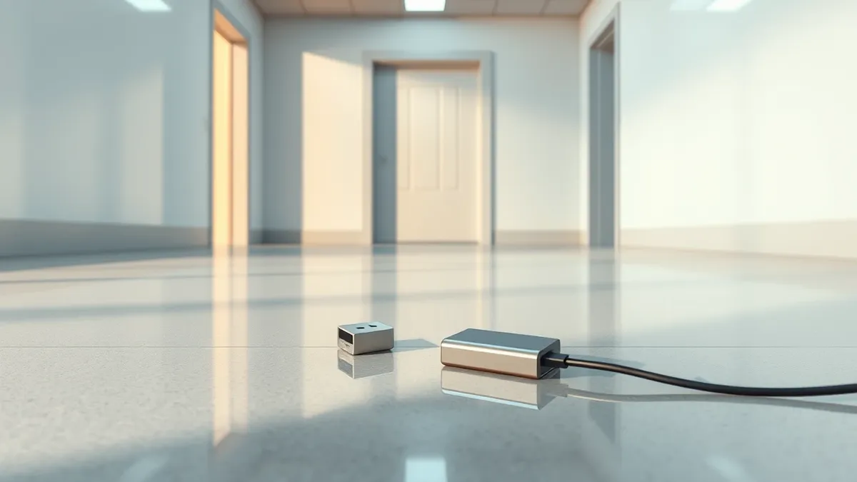 Illustration: A discarded flash drive rests on a polished office floor near a doorway.