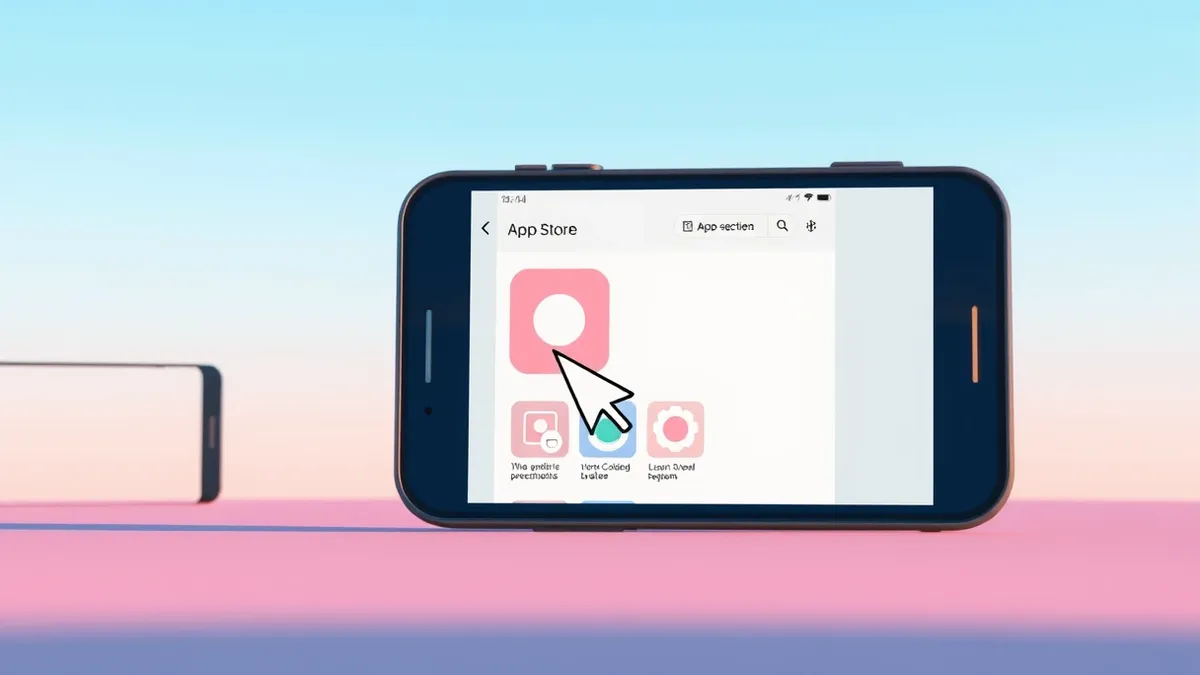 Illustration: A smartphone displays a clean app store interface with abstract icon grids.