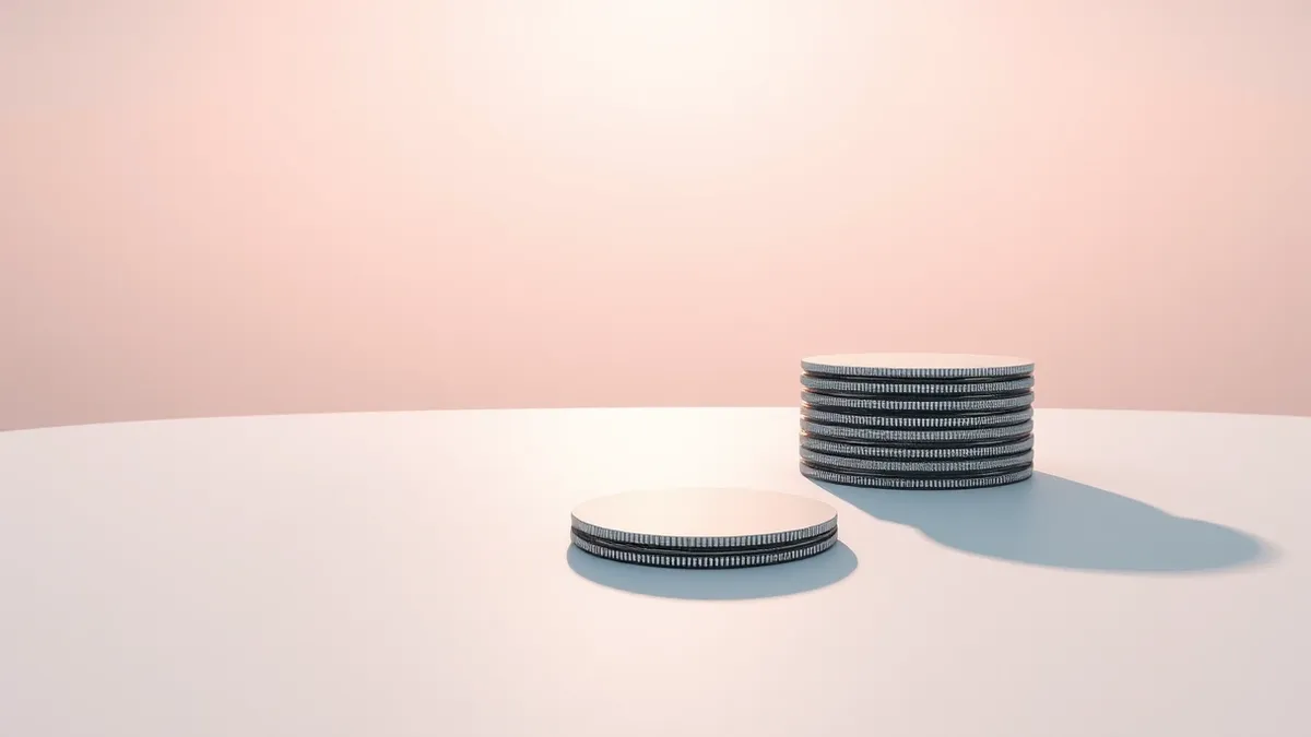 Illustration: A stack of unbranded semiconductor wafers rests on a sterile white surface, casting long shadows that resemble a steep downward slope.