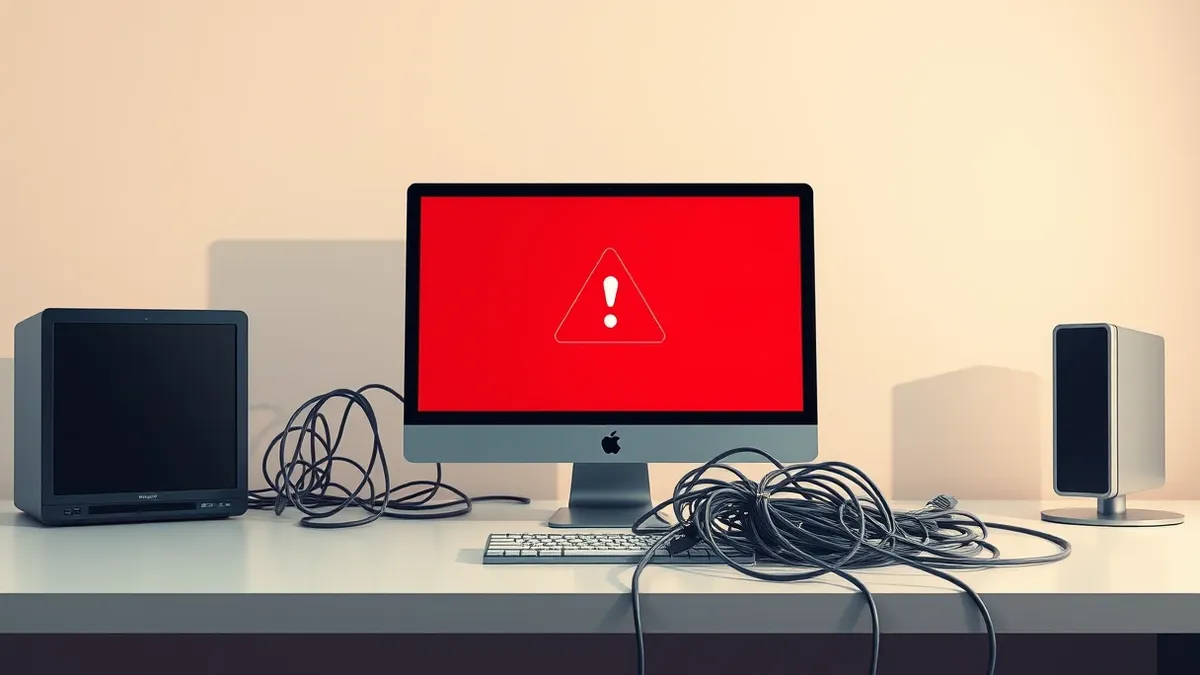 Illustration: A sleek modern computer sits on a clean desk with its screen displaying a generic red warning symbol.