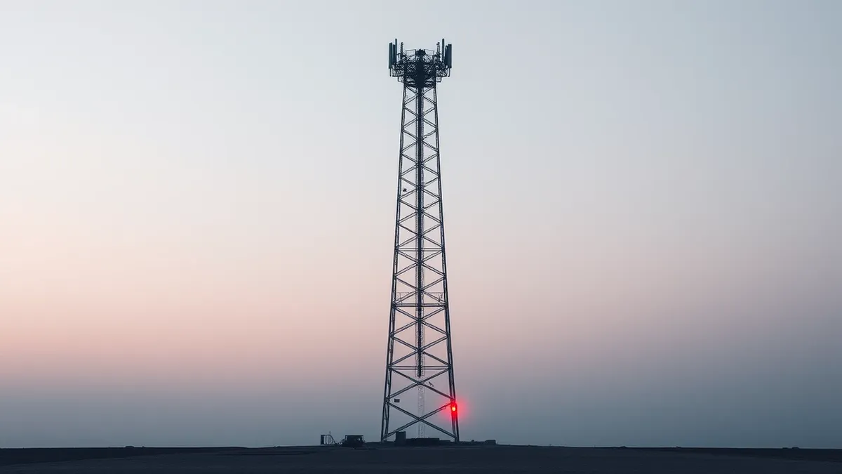 Illustration: A tall metal telecommunications tower stands alone against a gray sky.