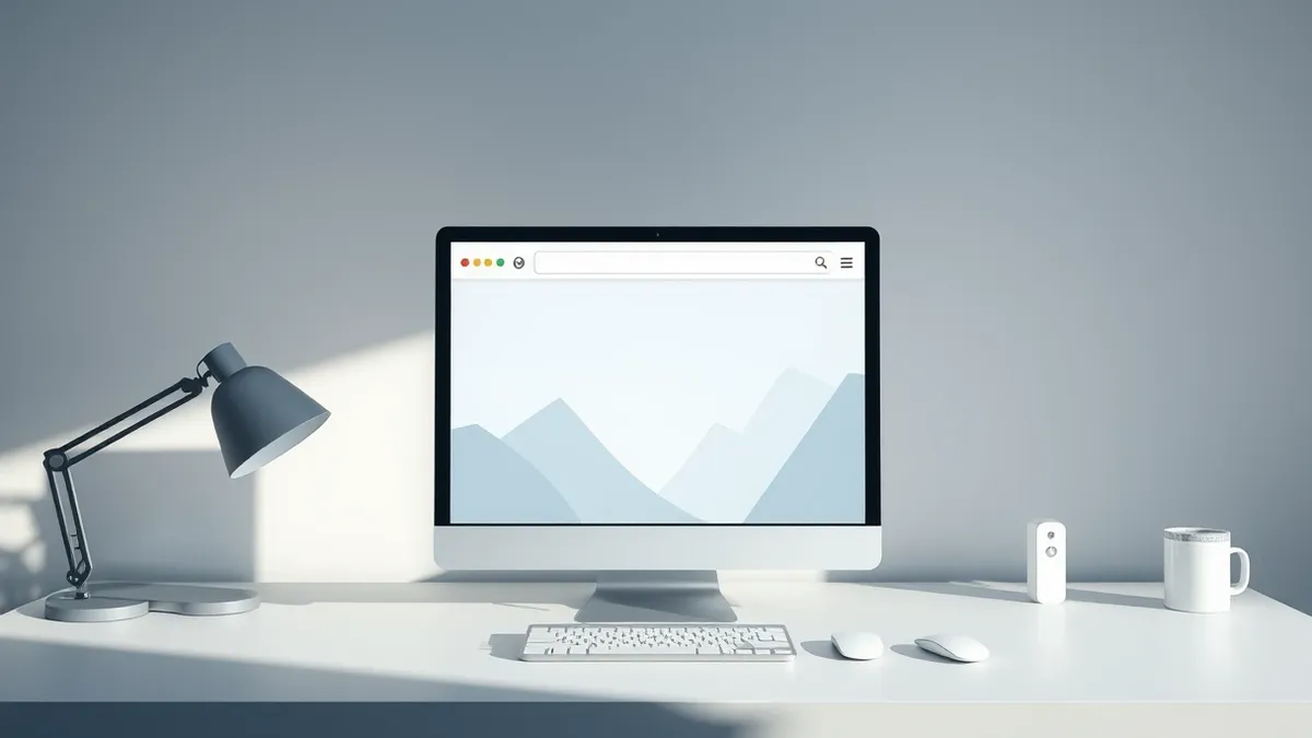 Illustration: A blank web browser window sits on a clean desk, its address bar empty and the main viewing area showing only soft, abstract geometric shapes in muted gray and blue t
