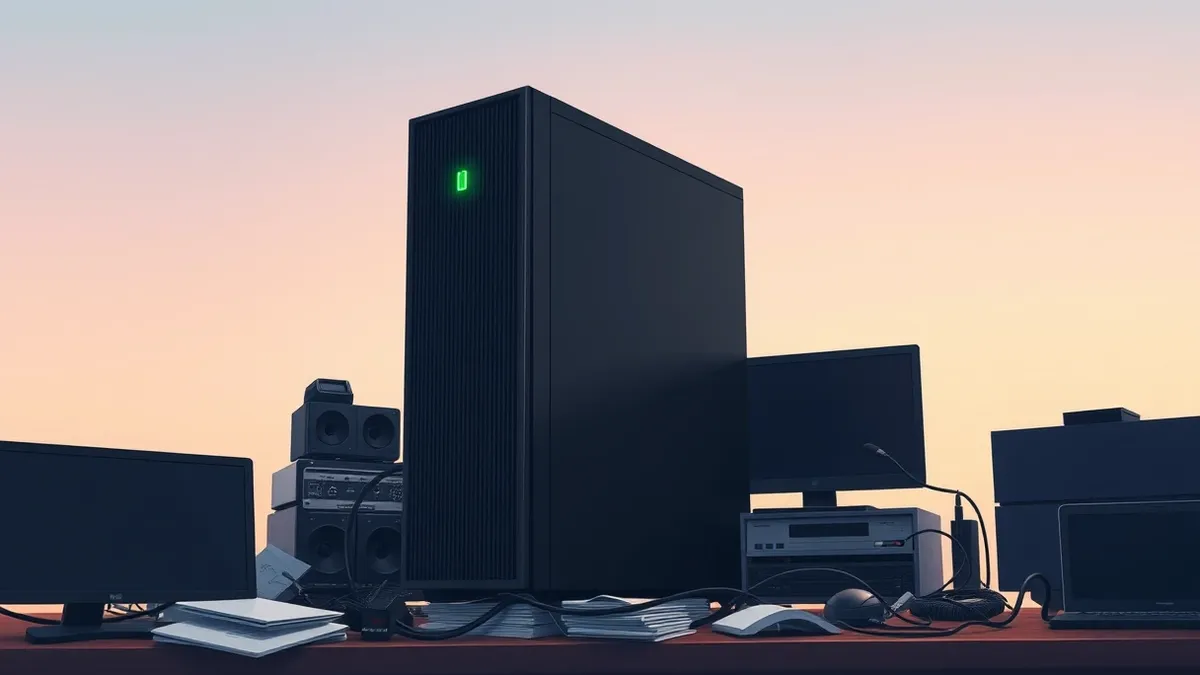 Illustration: A sleek black server tower sits on a cluttered desk, its single green status light pulsing steadily.