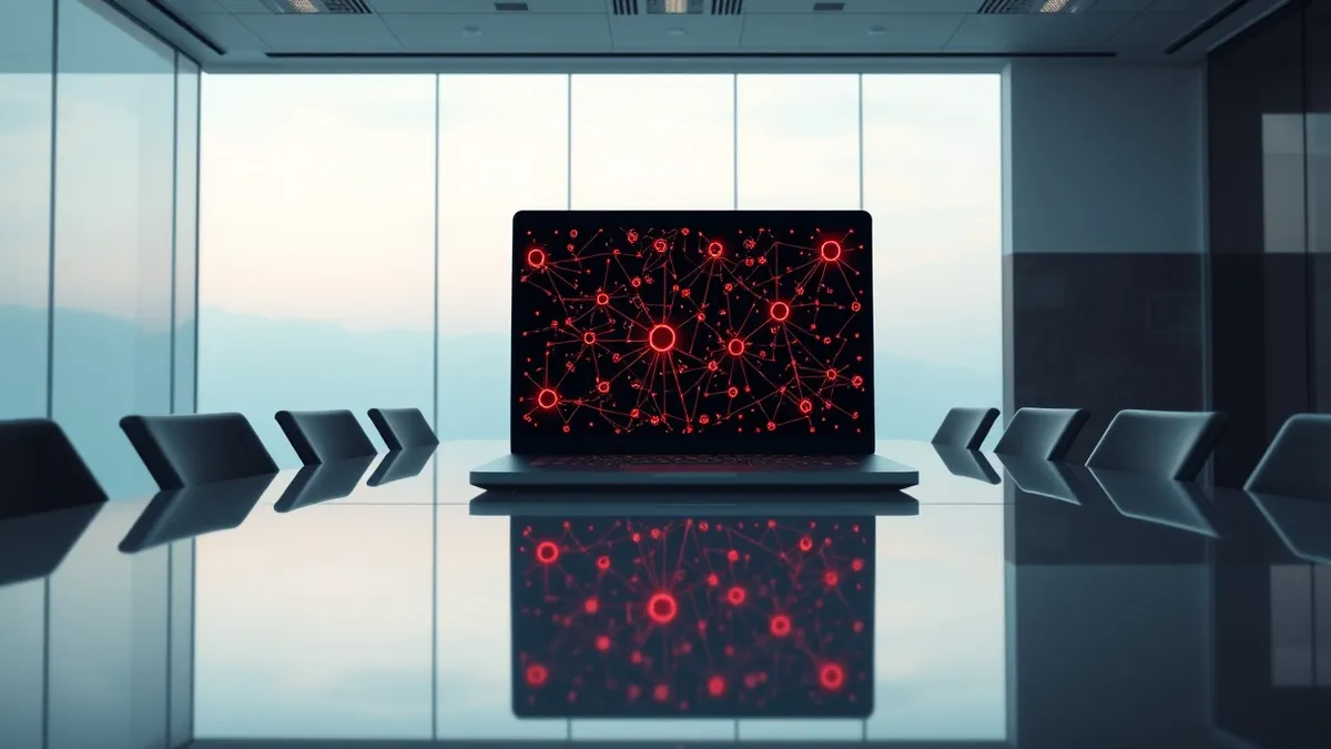 Illustration: A sleek black laptop sits on a polished conference table, its screen displaying a chaotic web of glowing red connection lines and abstract geometric shapes.