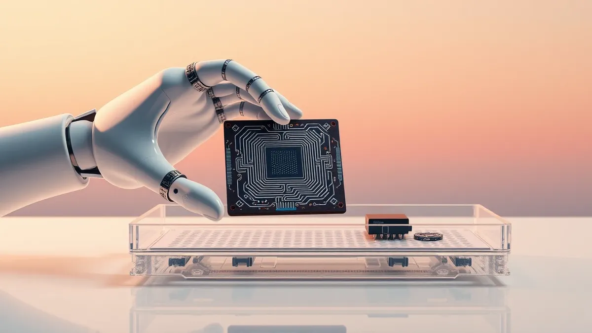 Illustration: A sleek white robotic hand gently lifts a complex microchip from a cleanroom tray.