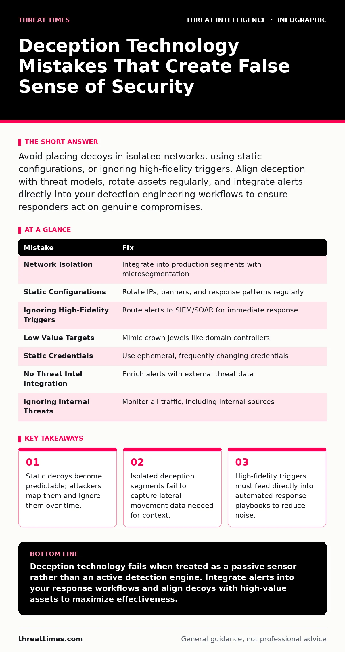 Infographic: Deception Technology Mistakes That Create False Sense of Security. Static decoys become predictable; attackers map them and ignore them over time. Isolated deception segments fail to capture lateral movement data needed for context. High-fidelity triggers must feed directly into automat