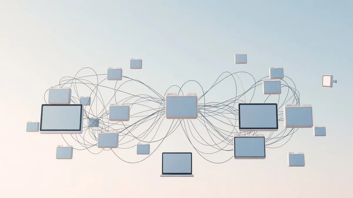 Illustration: A tangled web of empty wireframes and hollow decoy folders floats in digital space, disconnected from a central monitoring hub.